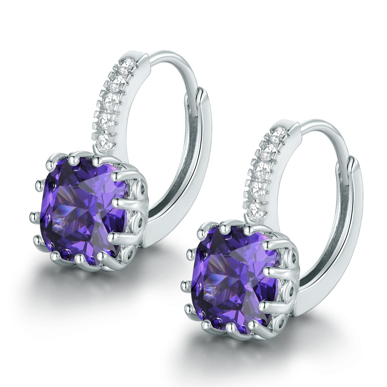 MASOP Princess Cut Purple Amethyst February Birthstone 925 Sterling Silver Drop Huggie Hoop Earrings for Women