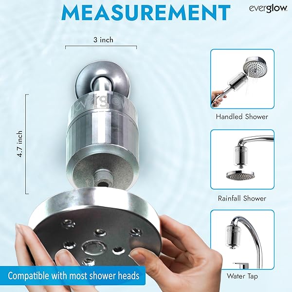 EVERGLOW HIGH-OUTPUT SHOWER FILTER, 100% REMOVES CHLORINE, MOISTURIZES DRY ITCHY SKIN, SKIN AND HAIR, HELPS WITH DANDRUFF, ECZEMA AND VITAMIN C INFUSED AND WATER SOFTENER, 4.7” – CHROME