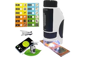 SETFLAGS Kids Microscope, 300x Zoom Pocket Microscope for Kids, Portable Handheld Miniscope with Phone Adapter Clip & 12 Prepared Specimen Slides, Educational Science Kits,STEM & Science Toys Gift for 6+