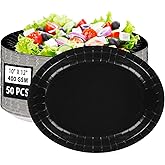 50Pcs Black Oval Paper Plates Decorations 10" x 12" Large Heavy Duty Disposable Black Paper Platters Birthday Party Decorations for BBQ Easter New Year Holiday Lunch Dinner Party Supplies Table Deco