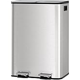 GarveeHome 2 x 8 gal Stainless Steel Double Trash Can with Lid for Kitchen, Large Dual Trash and Recycle Bin Combo, Step-on Kitchen Metal Garbage Cans, PP Inner Buckets, Liner Rim, Silver