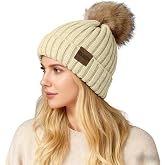 ZOORON Womens Winter Knitted Beanie Hat with Faux Fur Pom Beanie Warm Knit Skull Cap Beanie for Women