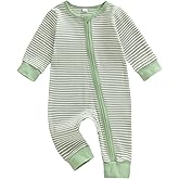 Karuedoo Newborn Infant Baby Boy Clothes Striped Waffle Long Sleeve Zipper Romper Jumpsuit One-Piece Fall Winter Outfit
