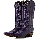 Fravonkass Women's Vintage Embroidered Rivet Snip Toe Cowgirl Block Heel Mid Calf Western Boots Fashion Studded Square Toe Pull On Chunky Heel Cowboy Calf High Boots for Women