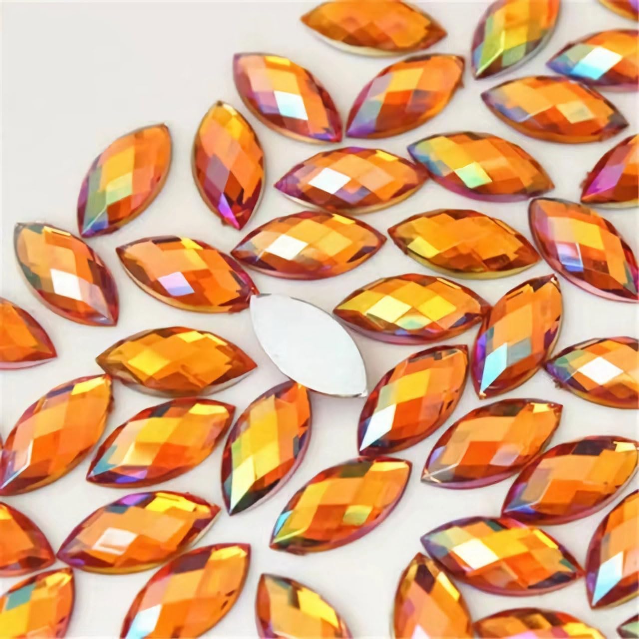 Photo 1 of 100 Pcs 15x7mm AB Colorful Jewels Gems Rhinestones for Crafts, Horse Eye Flatback Acrylic Gemstone for Halloween Party Decorations Clothing Wedding Dress DIY Crafting Accessories(13 Orange AB)