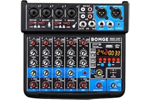 BOMGE 6 Channel mini DJ Audio sound mixer console with USB interface, Bluetooth, Stereo Recording, 48V Phantom Power, 24 DSP effects for karaoke, singing, live，streaming，pc recroding. (black)