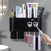 Multifunctional Wall-Mounted Toothbrush Holder, Automatic Toothpaste Dispenser Space Saving Toothbrush and Toothpaste Holder, with 2 Cups and Drawers Cosmetic Organizer (Black 2 Dispensers)