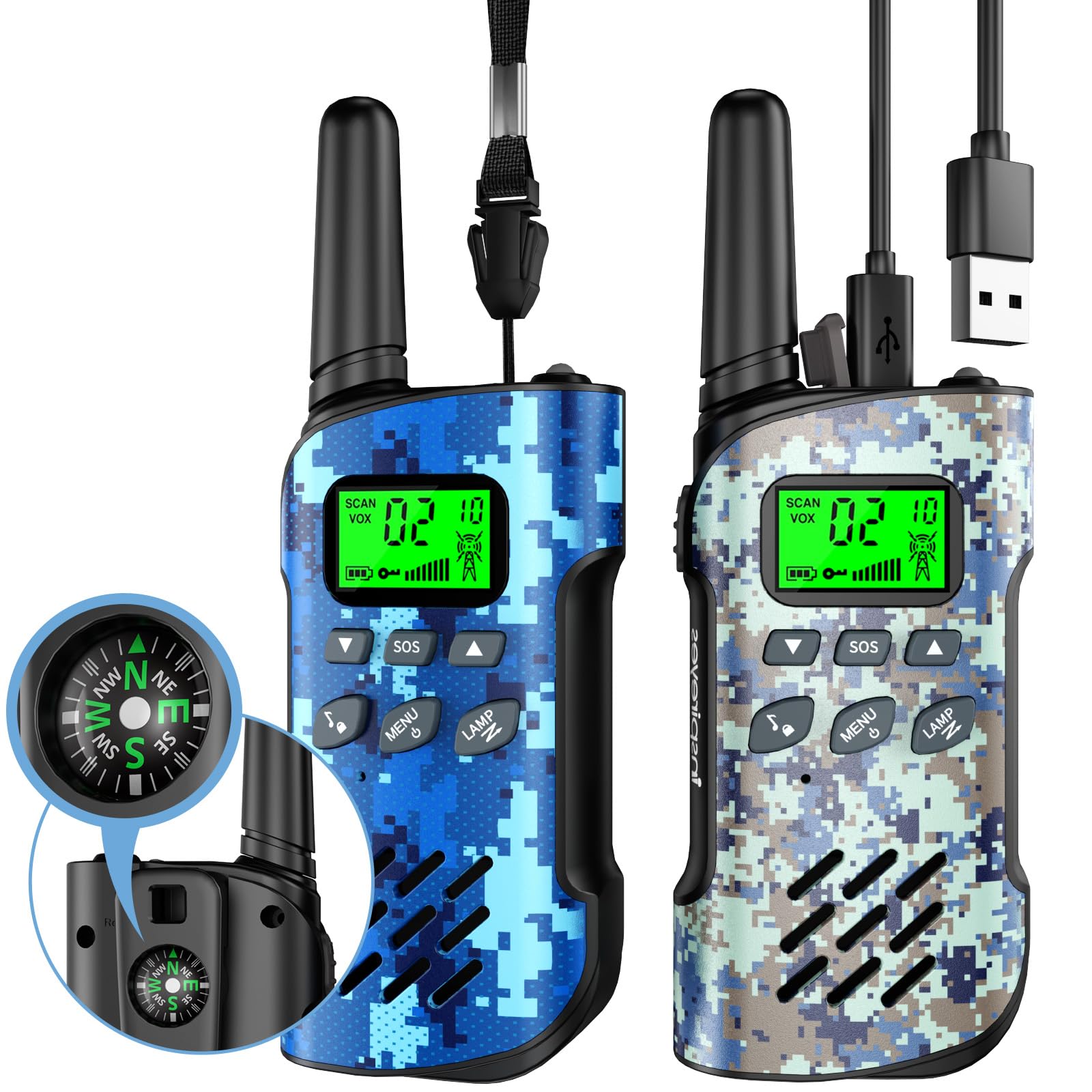 Inspireyes Walkie Talkies for Kids Rechargeable with Compass, Easter Gifts for Kids, Boys Girls Ages 3-12, 2-Pack Camouflage Kids Toys, Long Range 48-Hour Battery, Outdoor Camping Games