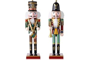 Huwena 2 Pcs Christmas Nutcracker Figure Decorations 12'' Traditional Painted Wooden Nutcracker Soldier Figure Decor Holiday Festive Party Gift for Xmas Home Office Mantel Table Decor(Drum and Horn)