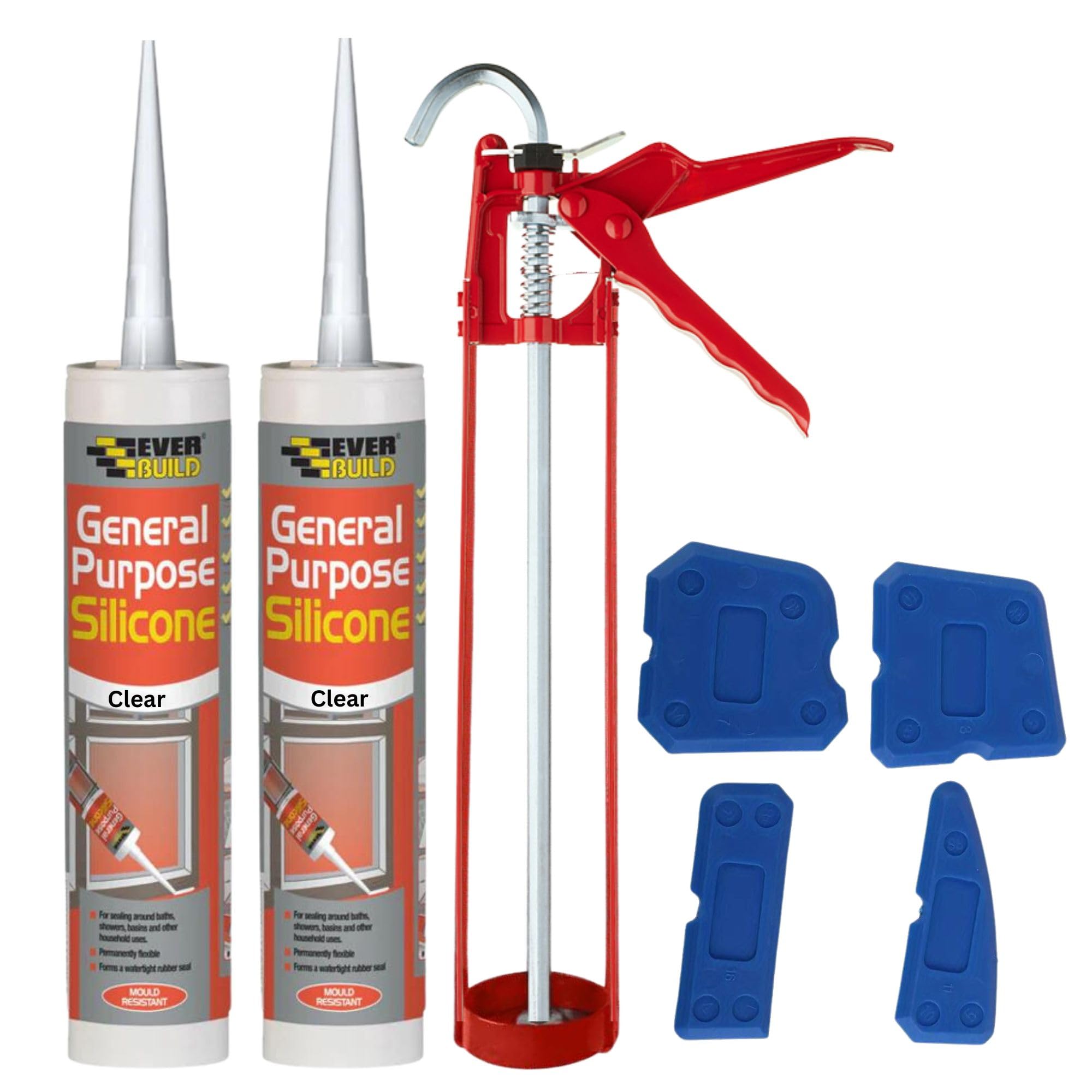Clear Silicone Sealant Anti Mould Kit - Bundle with 11 Inch Caulking Gun, 2X General Purpose Waterproof Clear Silicone Sealant and Silicone Tool Smoothing Set