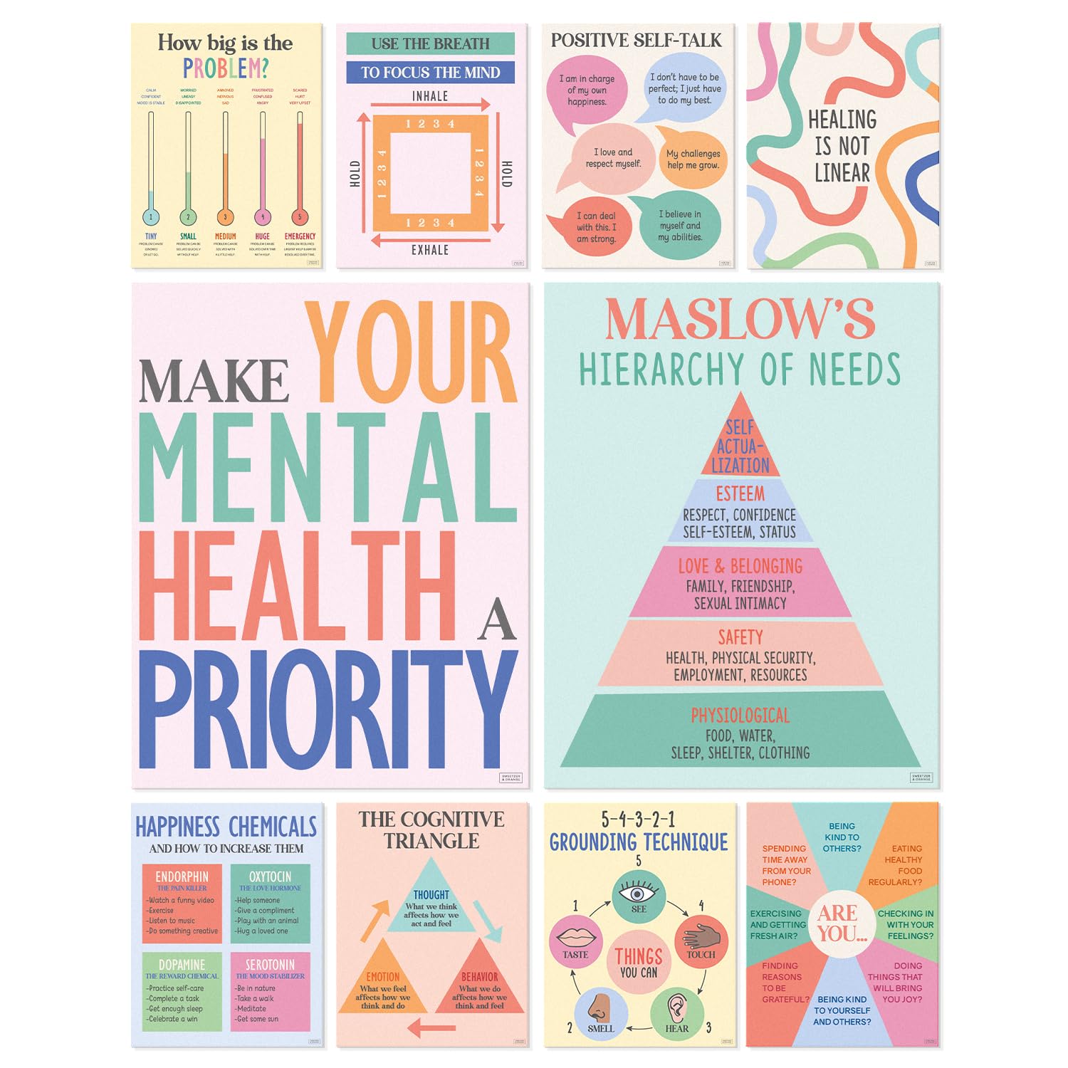 S&O Mental Health Posters for Office & School-Therapy Office Decor - Counseling and Awareness Wall Art Decorations-Growth Mindset Inspirational Quotes-Classroom Academy Counselor Supplies-10PC