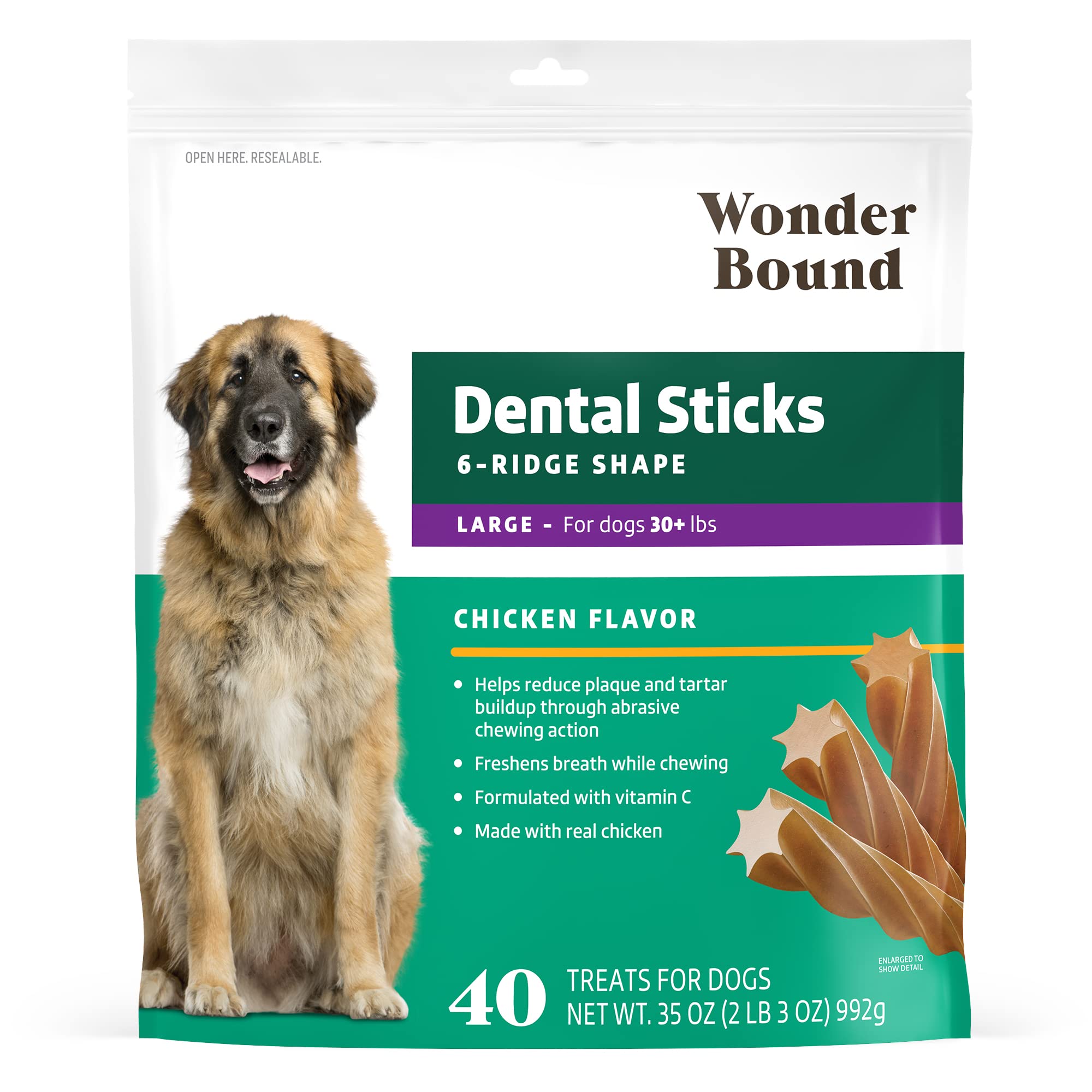 Photo 1 of ***BB 04/25/2027***
Amazon Brand - Wonder Bound Chicken Flavor Dental Sticks for Large Dogs (Over 30 lbs), 6-Ridge Shape for Plaque & Tartar Control, Freshens Breath, Made With Real Chicken, 40 Count (Pack of 1)