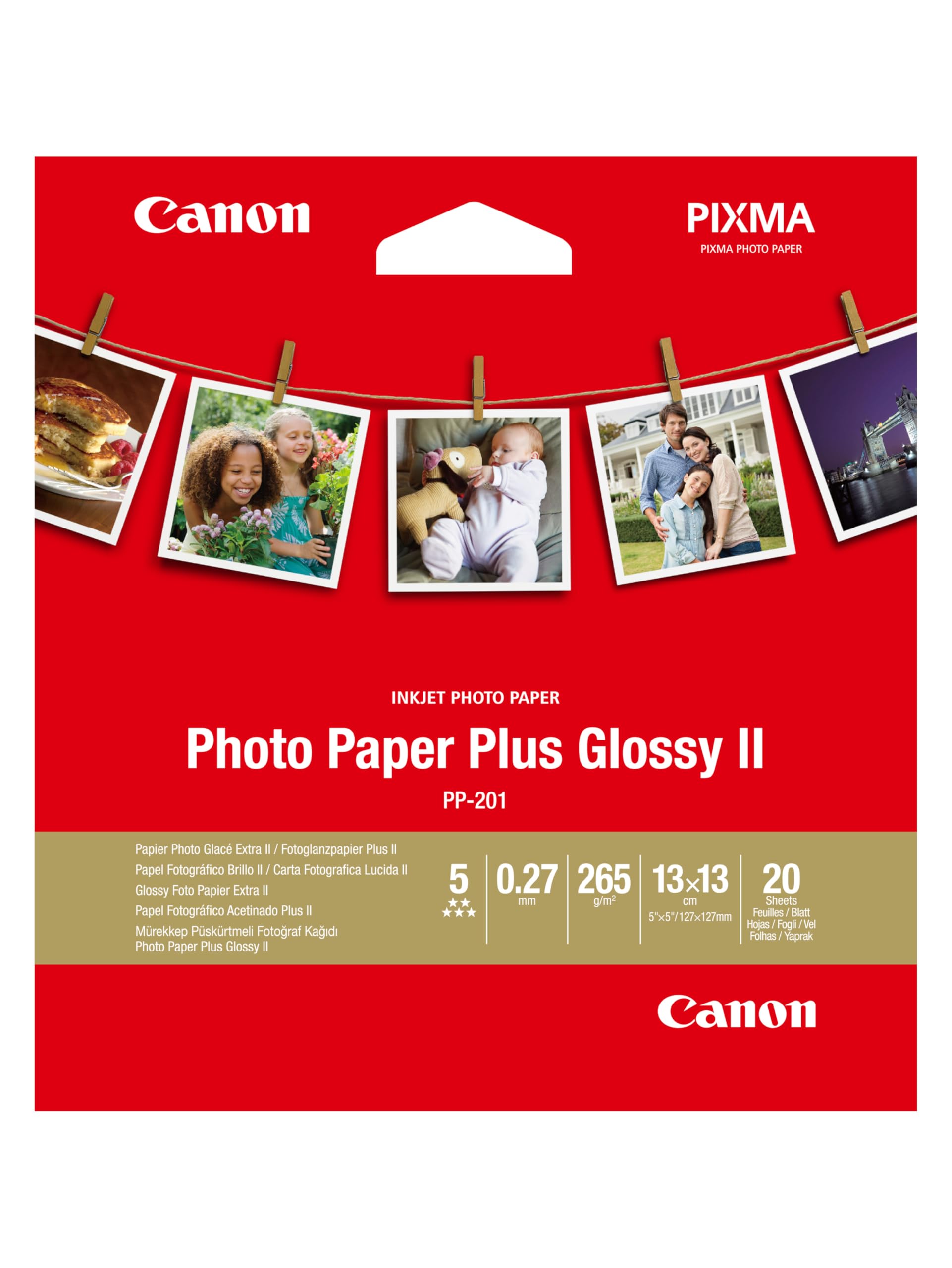 Canon PP-201 Glossy II Photo Paper Plus 5x5 (20 Sheets) - Ideal for Photo Printing, Square Size - Durable Prints, Instant Touch-Dry - Compatible with Canon Inket Printers