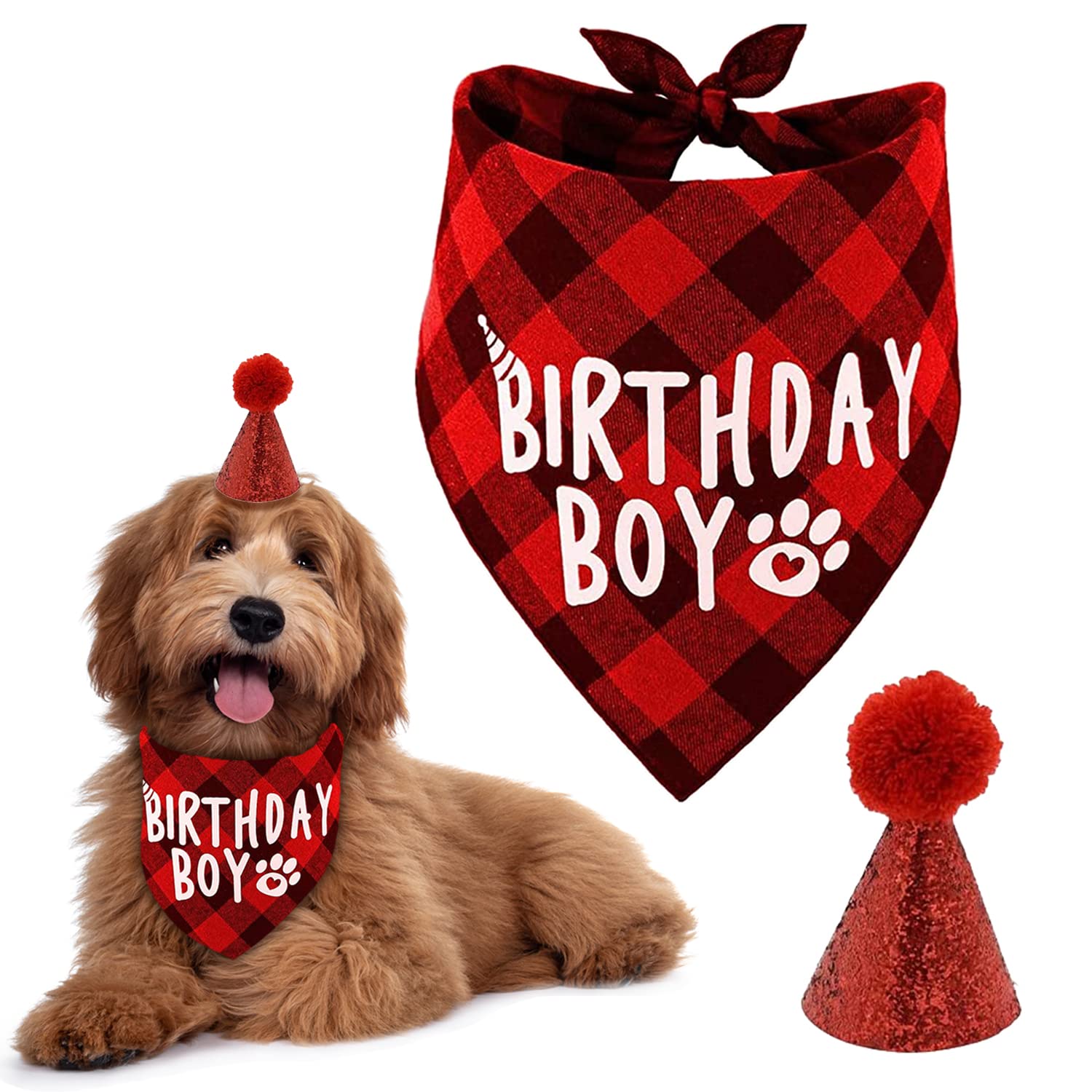 Cotton Triangle Dog Cat Scarf & Birthday Set, Boy Dog Scarf with Cute Birthday Hat for Small Medium Dogs Cats Costumes Headwear (Red)
