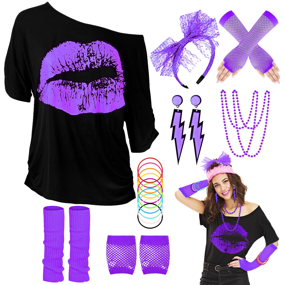80s Fancy Costume For Women, Lip Print T-shirt, Leg Warmers, Necklace, Fishnet Gloves, Earrings, Neon Costumes Accessories for Retro Theme Party Cosplay