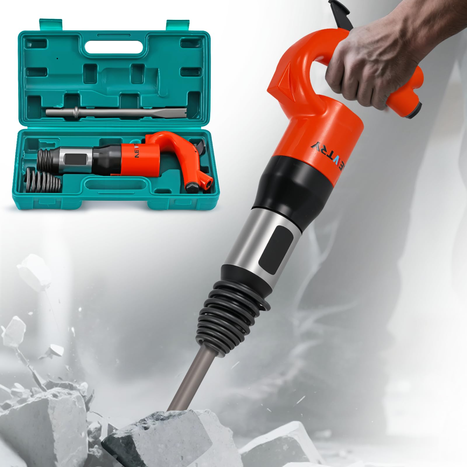 Photo 1 of NEWTRY Pneumatic Hammer Shovel 21L/S Air Chisel Powerful Air Chipping Hammer Concrete Breaker Open Air Shovel for Soldering Point Grinding and Hardware Derusting With Case
