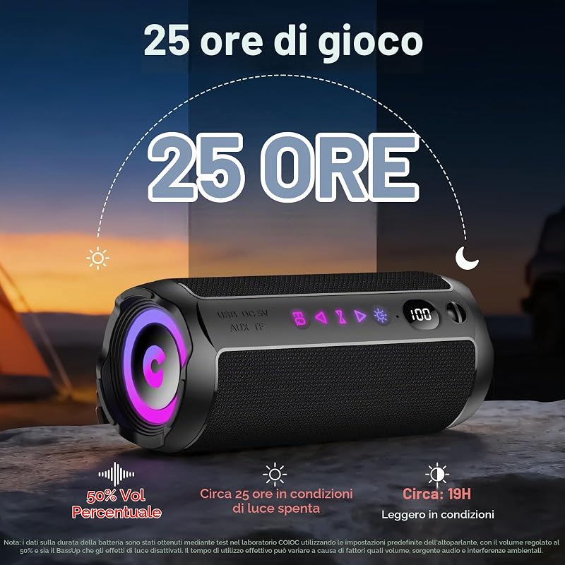 Cassa Bluetooth Portatile 25W, Potente Altoparlante Bluetooth, Doppio Basso Driver, 25 Ore di Autonomia, TWS Accoppiamento, RGB, IPX7 Impermeabile, AUX, TF,USB,Ideale Attività All'aperto/Feste/Viaggi