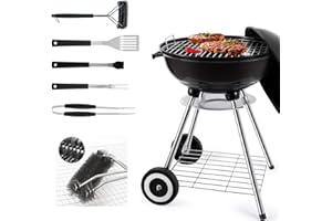 PAPAPACKS 22 Inch Portable Charcoal Grill with Accesories 5 Pieces Grilling Utensil for Outdoor Cooking Barbecue Camping BBQ Kettle Grill - Heavy Duty Round with Thickened Bowl Wheels for Small Patio Backyard