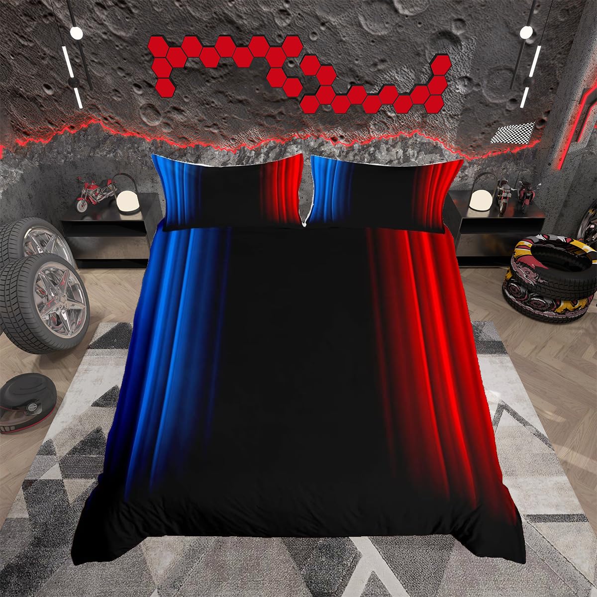 Loussiesd Geometric Abstract Ombre Women Duvet Cover Set Kids Teens Blue Red And Black Striped Bedding Set Decor Modern Fashion Comforter Cover Set Bedroom Collection 2Pcs Single Size Boys — image 1