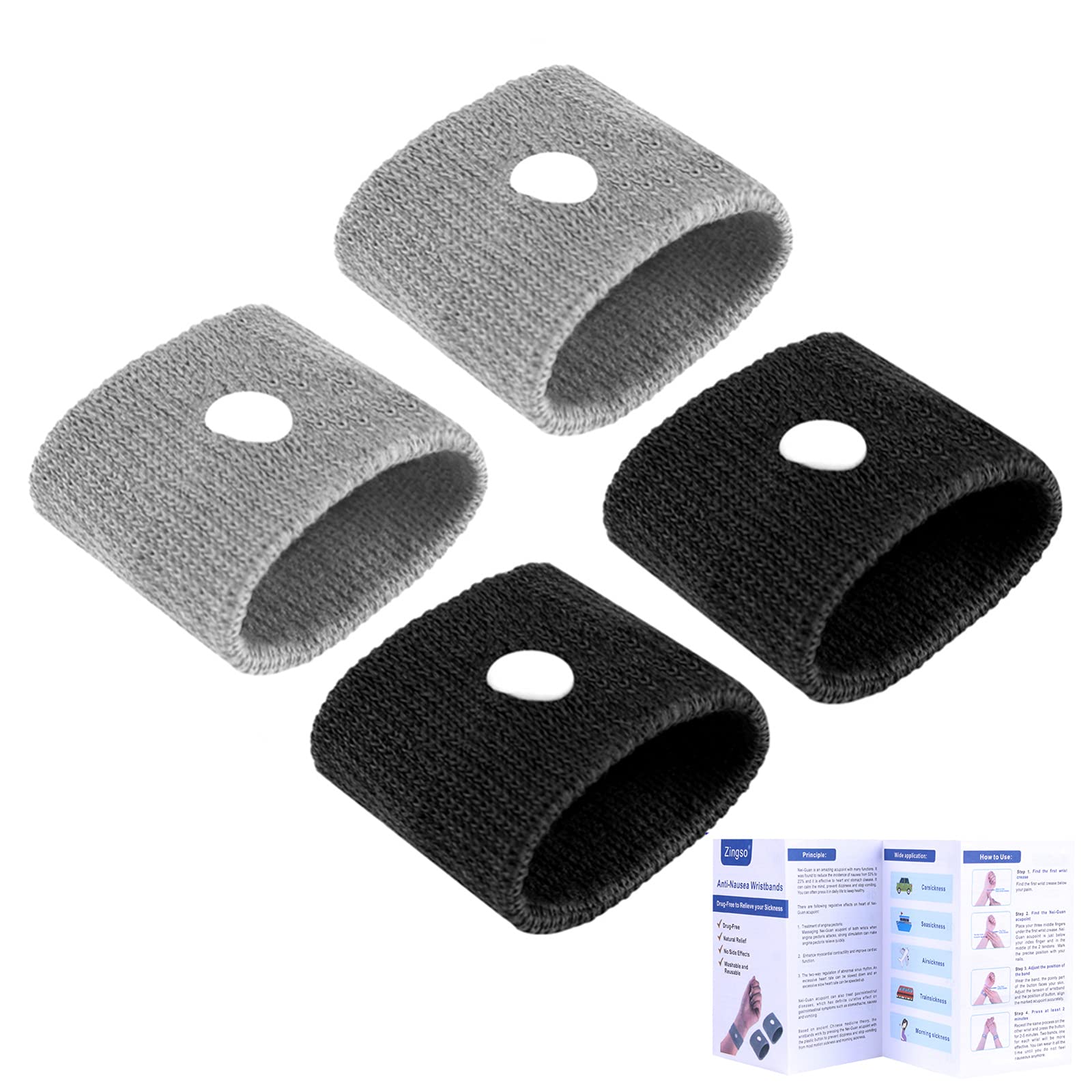 Zingso Anti Travel Sickness Bands Wristbands, 2 Pairs Motion Sickness Bands for Kids & Adults Natural Acupressure Nausea Relief Wristbands for Car Sea Flying Trip and Pregnancy Morning Sickness