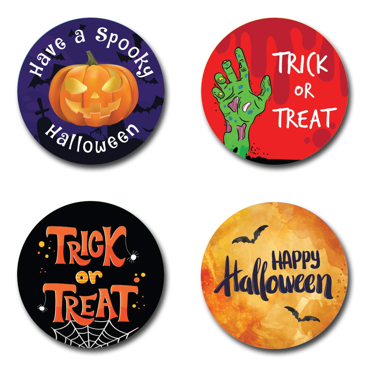 24 x Halloween Round Stickers for Party Bags, Trick or Treating or Sweet Cones - Pumpkin, Zombie Hand, Bats and Spiders Web (24 x Stickers)
