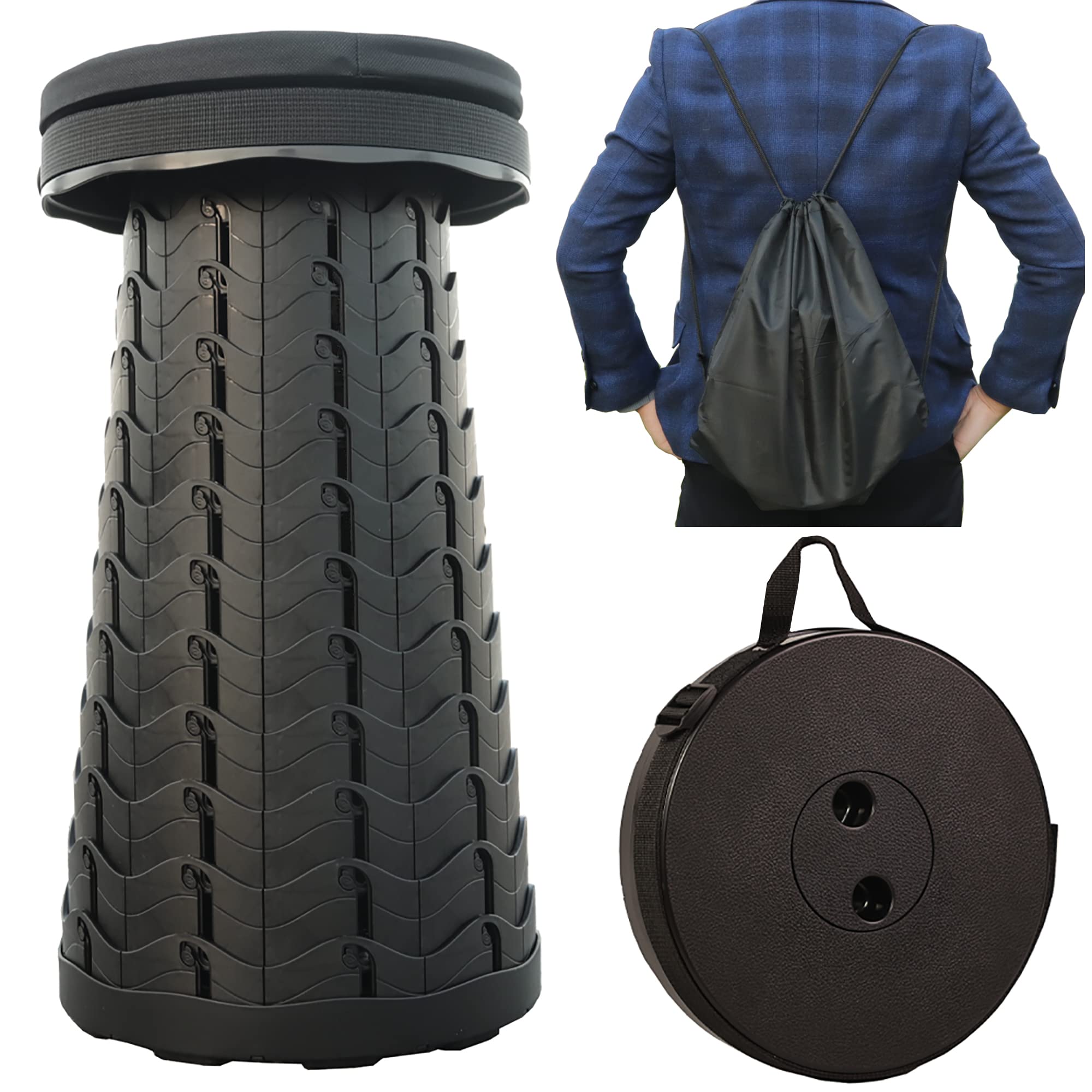 MKBK Telescopic Stool Adjustable Camping Collapsible Stool with Seat Cushion and Nylon Bag for Camping,Hiking, Fishing, Outdoors Load Capacity 400 LB (Black)