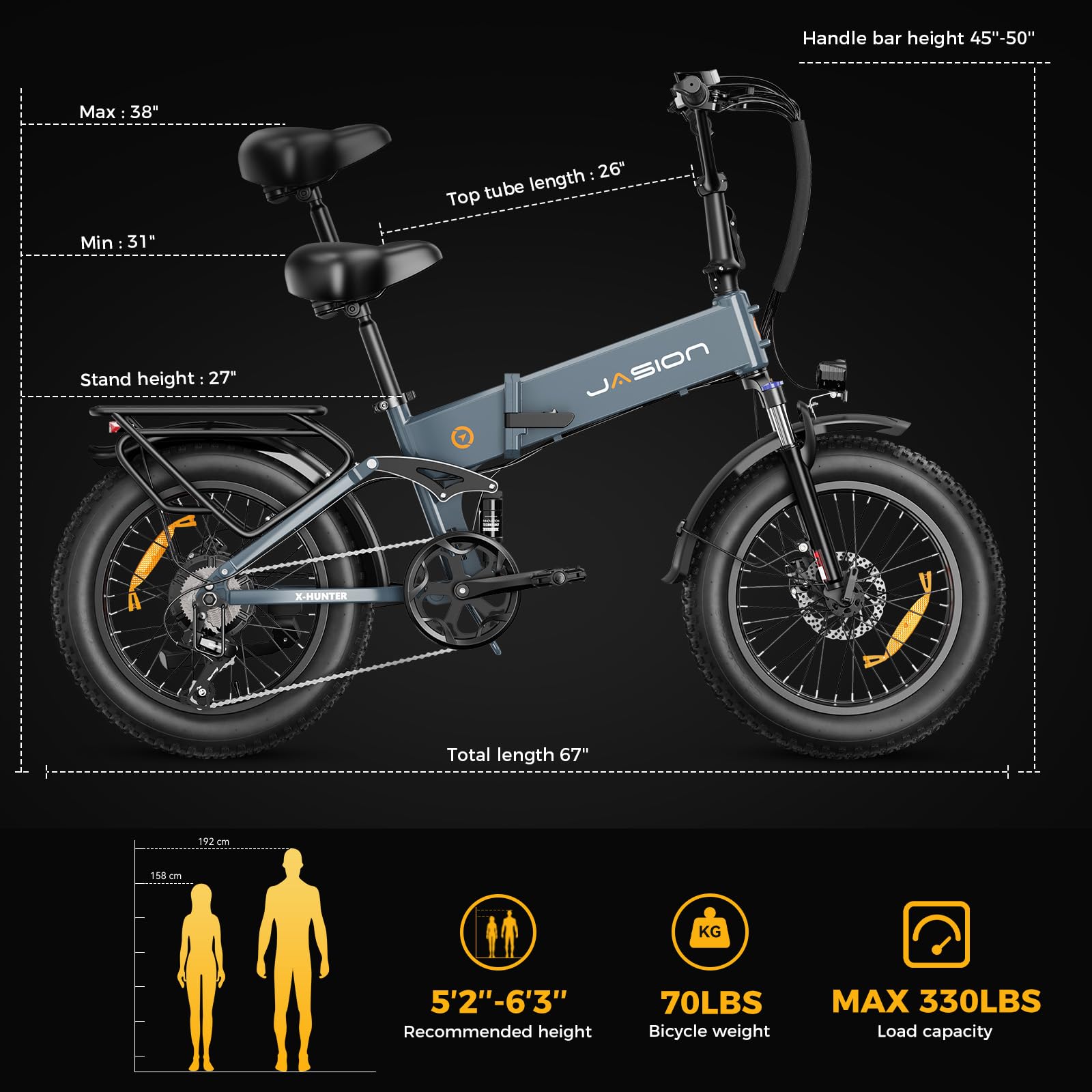 Jasion X-Hunter Electric Bike for Adults,1400W Peak Motor 70+ Miles 30MPH Foldable Ebike,624WH Removable Battery,20’’*4 Fat Tire Full Suspension Bicycle for Commute,Snow,Mountain with 7-Speed
