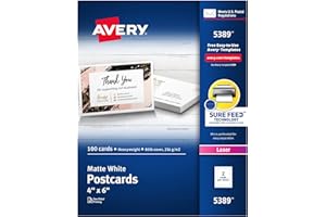 Avery Printable Postcards with Sure Feed Technology, 4" x 6", White, 100 Blank Postcards for Laser Printers (5389)