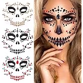 Halloween Face Jewels Temporary Tattoos Skull Horror Ghost Gems Rhinestone Fake Tattoos Acrylic Eyeshadow for Cosplay Party Supplies Day of the Dead Face Stickers 3 Sheet