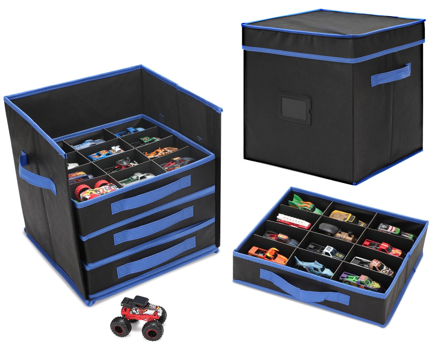 Photo 1 of KISLANE Monster Truck Storage Organizer, 4-Layer Trucks Storage Box with 48 Compartments,Fits 1:64 Monster Trucks, Toy Cars & More – Foldable Toy Organizer with Drawers (Black)