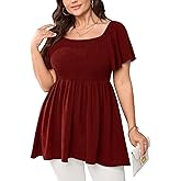 SHESTARR Women's Plus Size Dressy Tops Square Neck Short Sleeve Smocked Peplum Blouse Tops Shirts