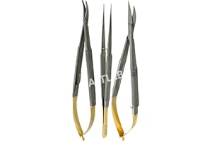 CYNAMED GERMAN STAINLESS TC SET OF 3 Castroviejo Micro Scissors Needle Holder CURVED Plus Forceps Dental EYE GERMAN