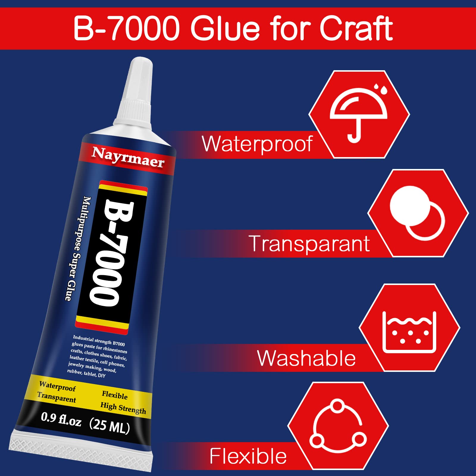 Fabric Glue, Permanent Clear Washable Clothing Glue for All Fabrics, Cotton, Flannel, Denim, Leather, Polyester, Doll Repair, 24 Hours Dry and Waterproof (B-7000 Glue 25ml)