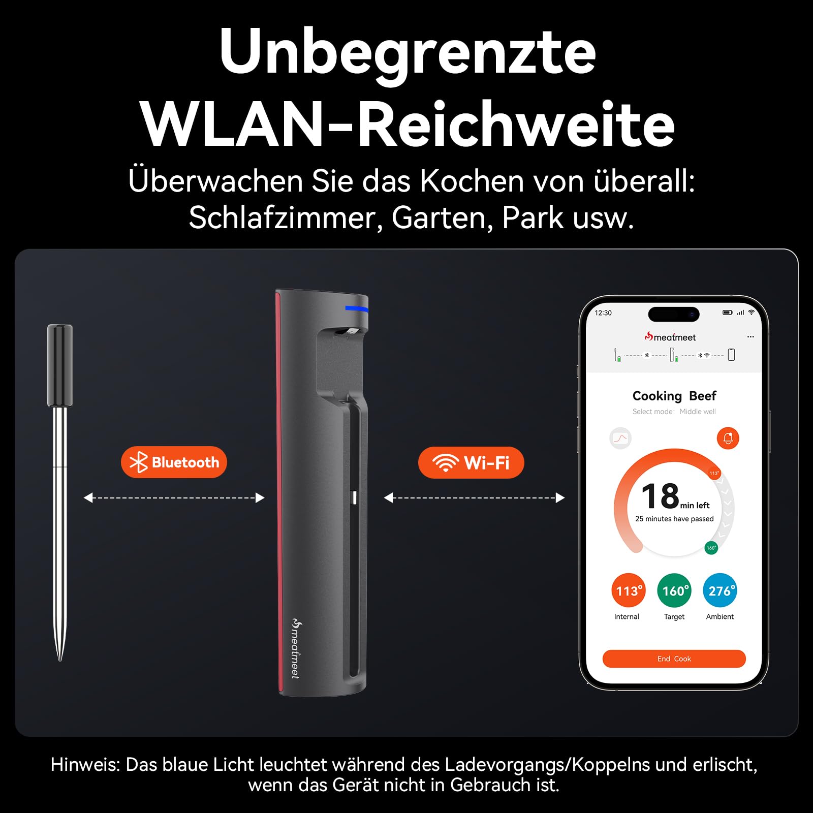 Meatmeet Pro Fleischthermometer Kabellos mit WLAN und Bluetooth, App-Überwachung mit Timer und Alarm, IP67 wasserdicht und ölbeständig, kabelloses Fleischthermometer für BBQ, Backofen, Grill, Küche 2