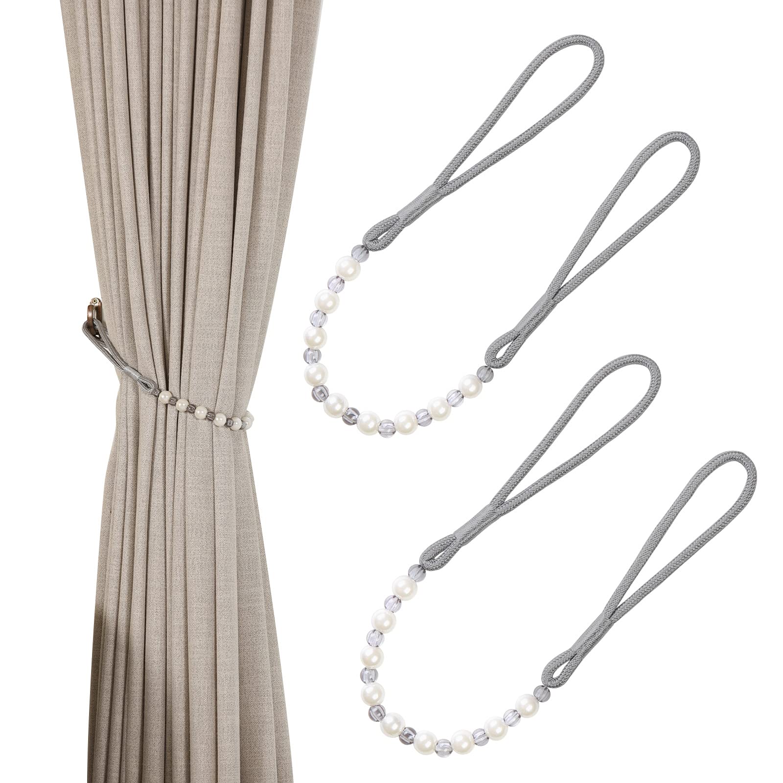 Pair Of Acrylic Pearl Curtain Tie Backs Curtain Tied Rope Decoration (Grey)