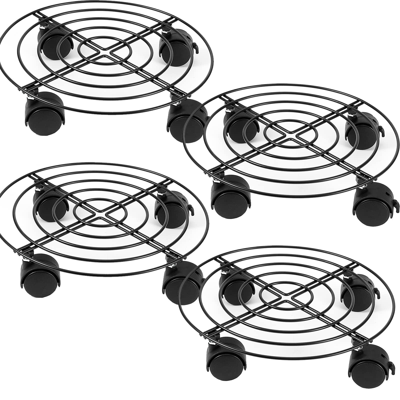 ZOENHOU 4 Pack 10.6 Inch 27cm Metal Plant Caddy with Wheels, Round Garden Flower Dolly Movable Wheels Rolling Stand Trolley for Planter Pot Indoor Outdoor Home, Black