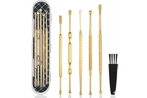 Hion 6 Pcs Extended Ear Wax Removal Kit,Professional Double-Headed Ear Pick Earwax Removal Tools,316L Stainless Steel Ear Cleaner Curette with Cleaning Brush and Storage Box,Suit for Kid Adult(Gold)