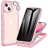 CENHUFO Privacy for iPhone 14 Case/iPhone 13 Case, Full Body Phone Case with Built-in 9H Tempered Glass Privacy Screen Protector and Camera Lens Protector, Shockproof Bumper Clear Cover - Pink