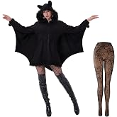 Women&rsquo;s Bat Costume Zip Up Hooded Bat Wing Dress, Black Halloween Costume | 2-Piece Set Includes Hooded Zip-Up Bat Wing Dress/Tunic And Spider Web Leggings For Halloween Parties &amp; Gothic Costumes