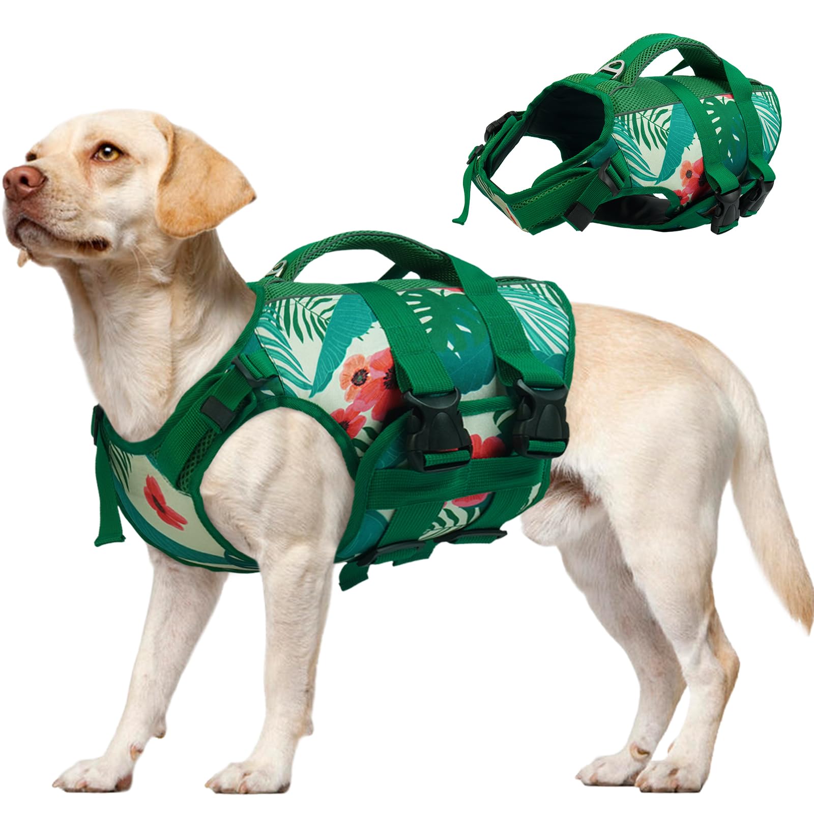 Photo 1 of Kuoser Dog Life Jacket, High Flotation Reflective Dog Life Vest for Swimming Boating, Adjustable Large Dogs lifejacket with Rescue Handle, Safety Pet Life Preserver Floats for Spring Summer Pool, L