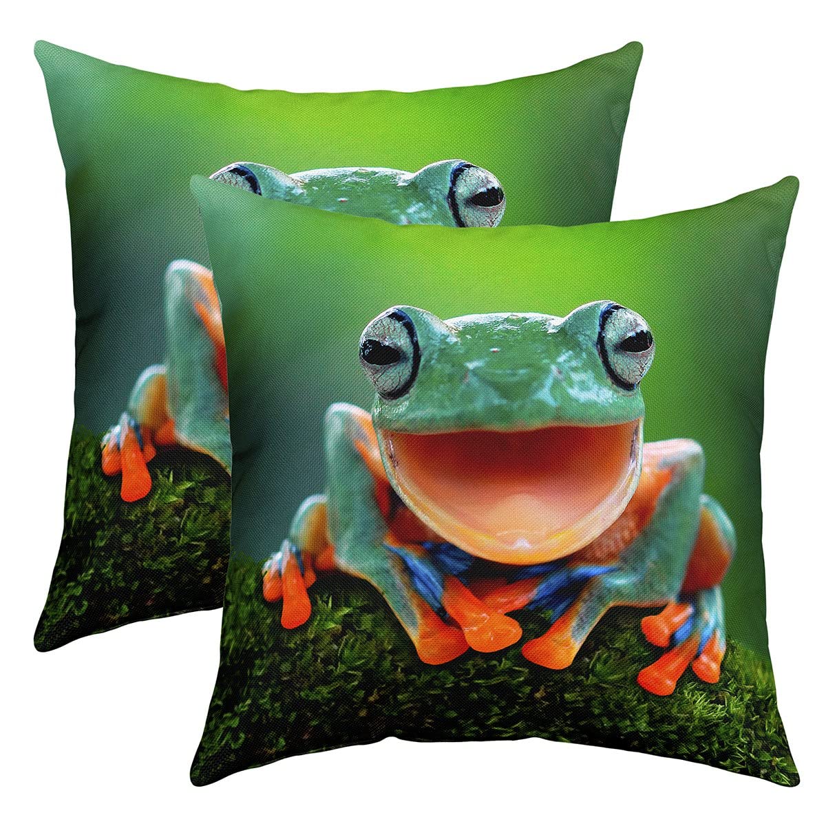 Pack of 2 Frog Decorative Throw Pillow Covers Soft Kawaii Decor Square Cushion Case Set for Sofa Bedroom Living Room Tropical Amphibian Animal Print Green Pillow Cases Pillowcases 16x16 Inch