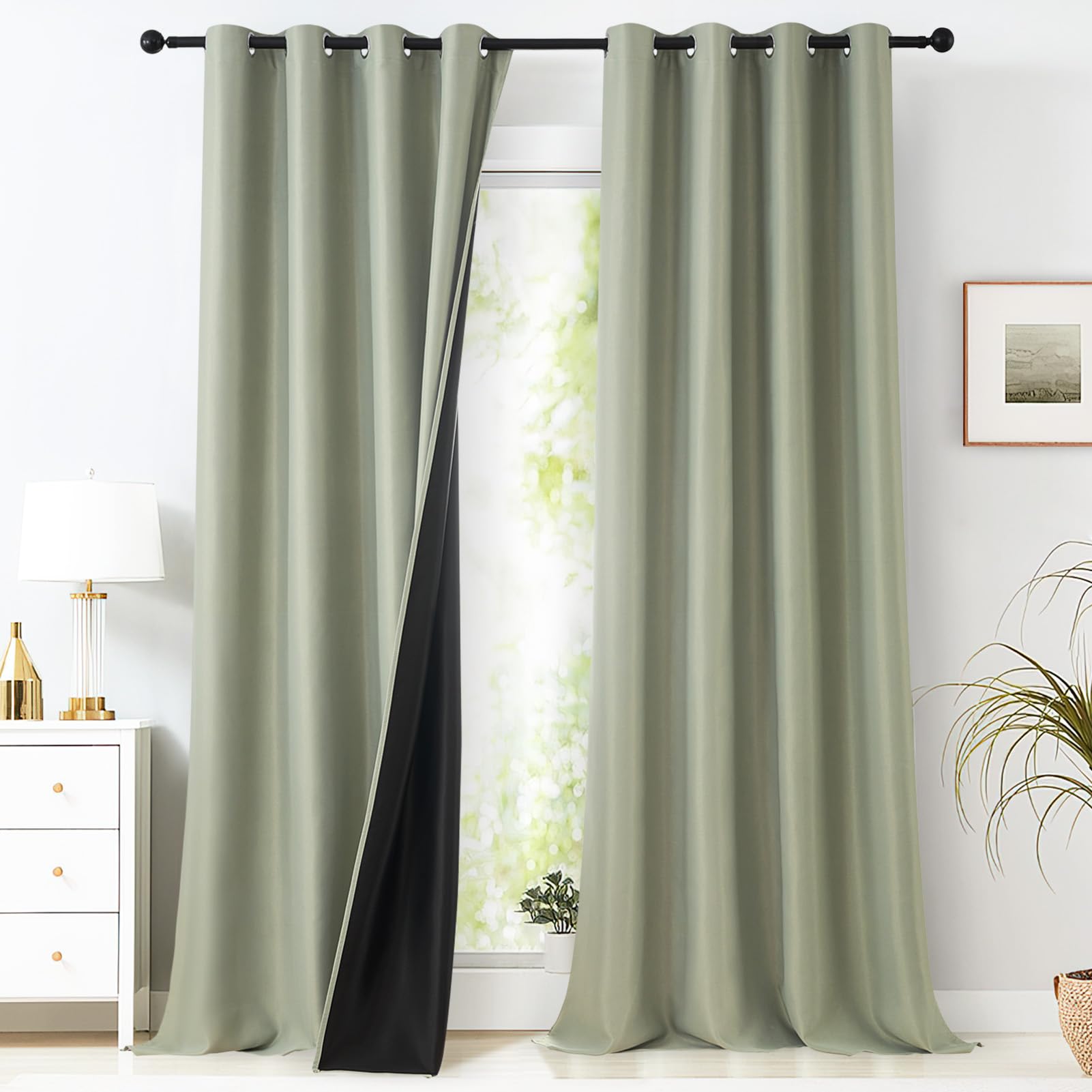 MRTREES Thermal Blackout Curtain, Cold Insulating, 100% Blackout Thick Fabric, Master Bedroom Curtains, Sage Green, 2 Pieces, 140 x 245 cm, Modern Living Room Curtains with Eyelets