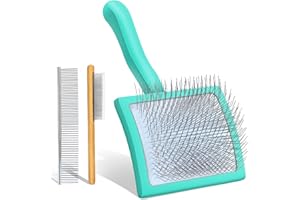 COZYGIFT Dog Slicker Brush for Medium or Long Haired Dogs, Long Pin Slicker Brush for Removes Loose Hair, Tangles and Knots, Best Grooming Tools for Small Animals, Large, Free Pet Comb, Green