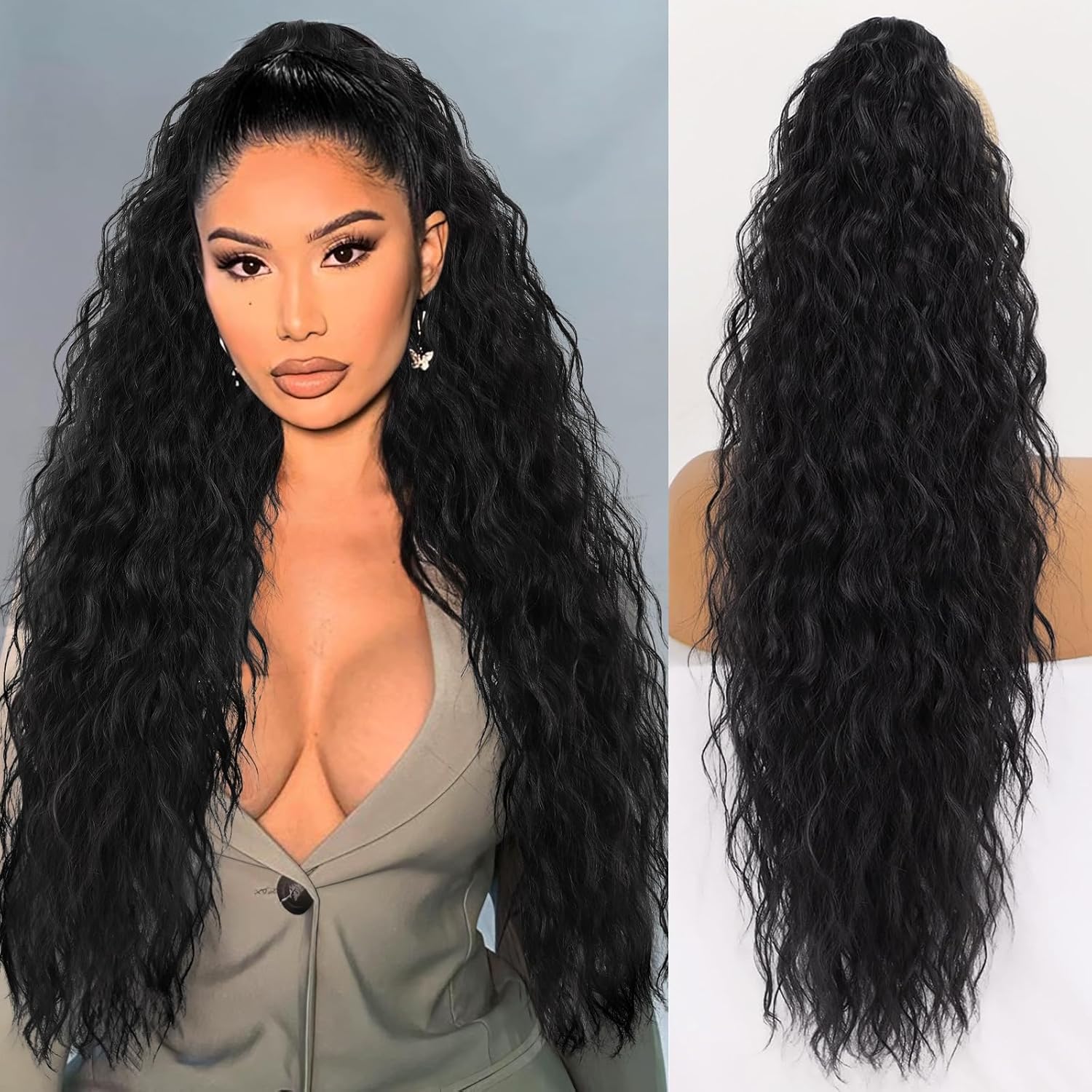 PORSMEER 28 inches Ponytail Extension Black Long Beach Wave Drawstring Clip in Pony Hair Extension Synthetic Pony Tail Hairpiece for Women โ image 1