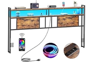 LAKEMID King Headboard with Storage, Bed Head Board with Outlets and USB Ports, Sturdy King Size Headboard Only with LED Lights, for Dorm, Easy Assemble, Rustic Brown