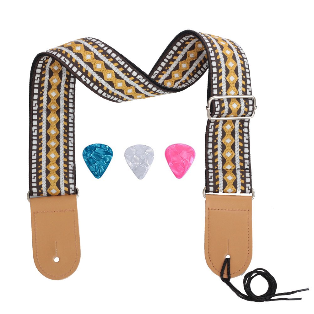 Rufun Guitar Strap Retro Adjustable Jacquard Weave Vintage Accessory for Basse Electric Acoustic Guitar, 3 Picks Included (Yellow)