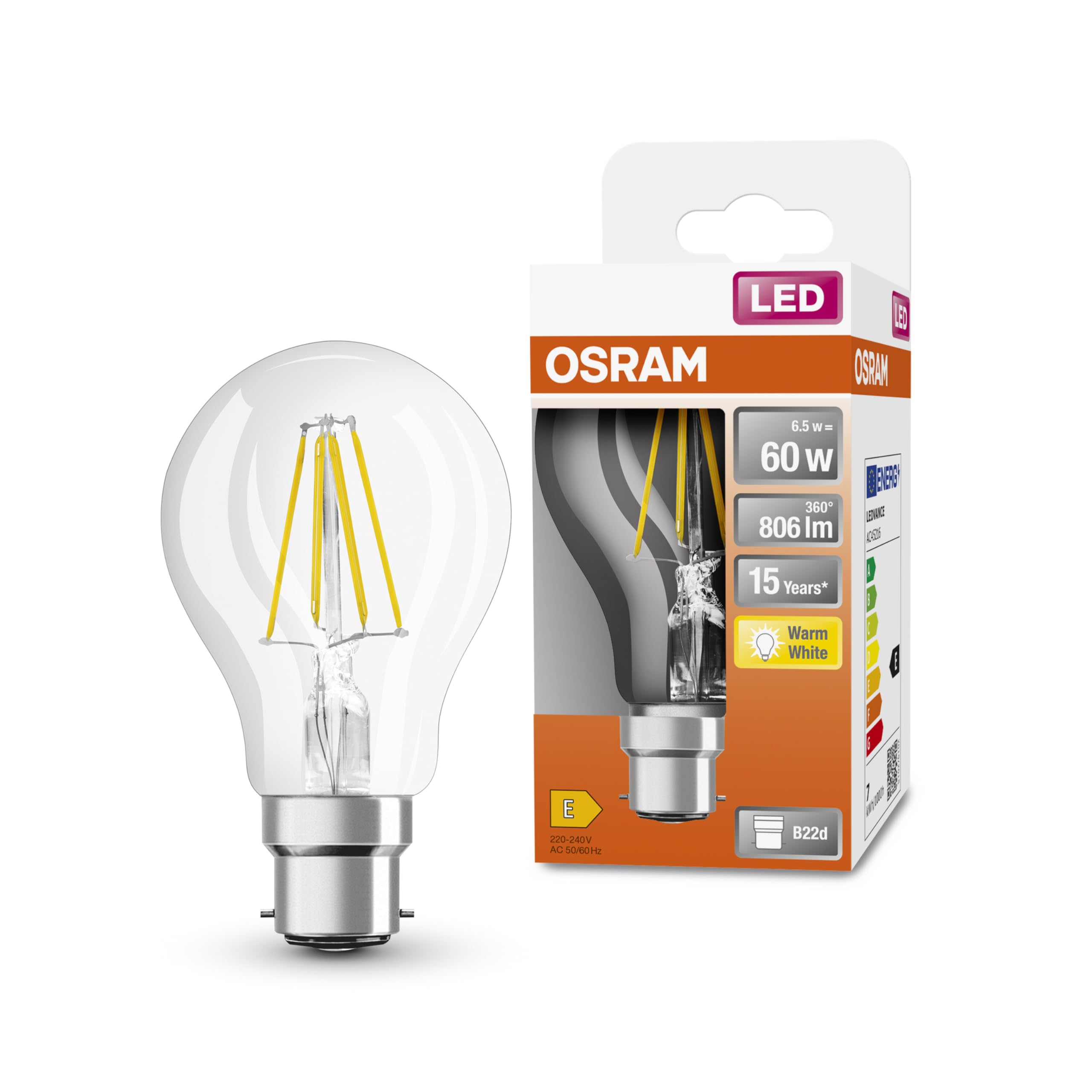 OSRAM Led Star Classic A60 Led Lamp for B22D Base, Pear Shape, Filament Look, 806 Lumens, Warm White (2700K), Replacement for Conventional 60W Light Bulbs, Not Dimmable, 1-Pack