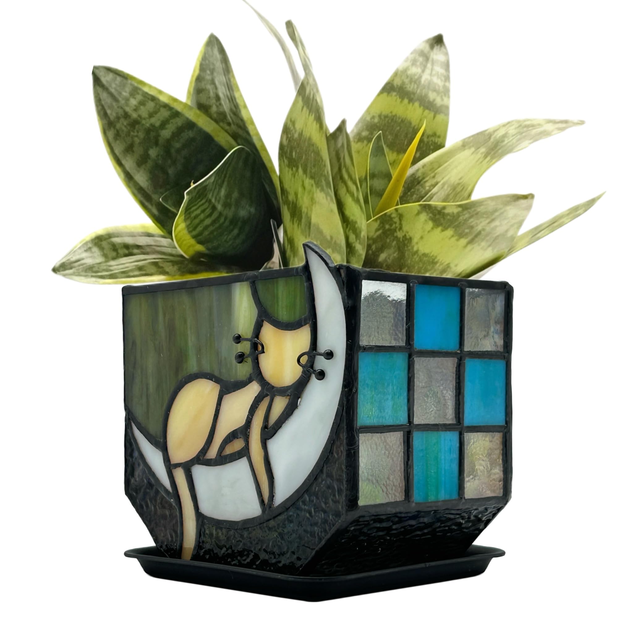 Photo 1 of Entlityful Tiffany Stained Glass Fun Moon Sleeping Cat Planter?Cactus Planter?Cute Planters for Indoor Plants,Decorative Flower Pots As Gifts for Cat Lovers?4.6x3x5.15 in