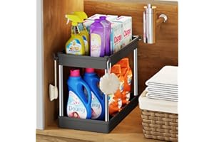 Under Sink Organizers and Storage, COORACK 2-Tier Under Bathroom Sink Organizer Bath Collection Basket with 4 Hooks,Under Sin