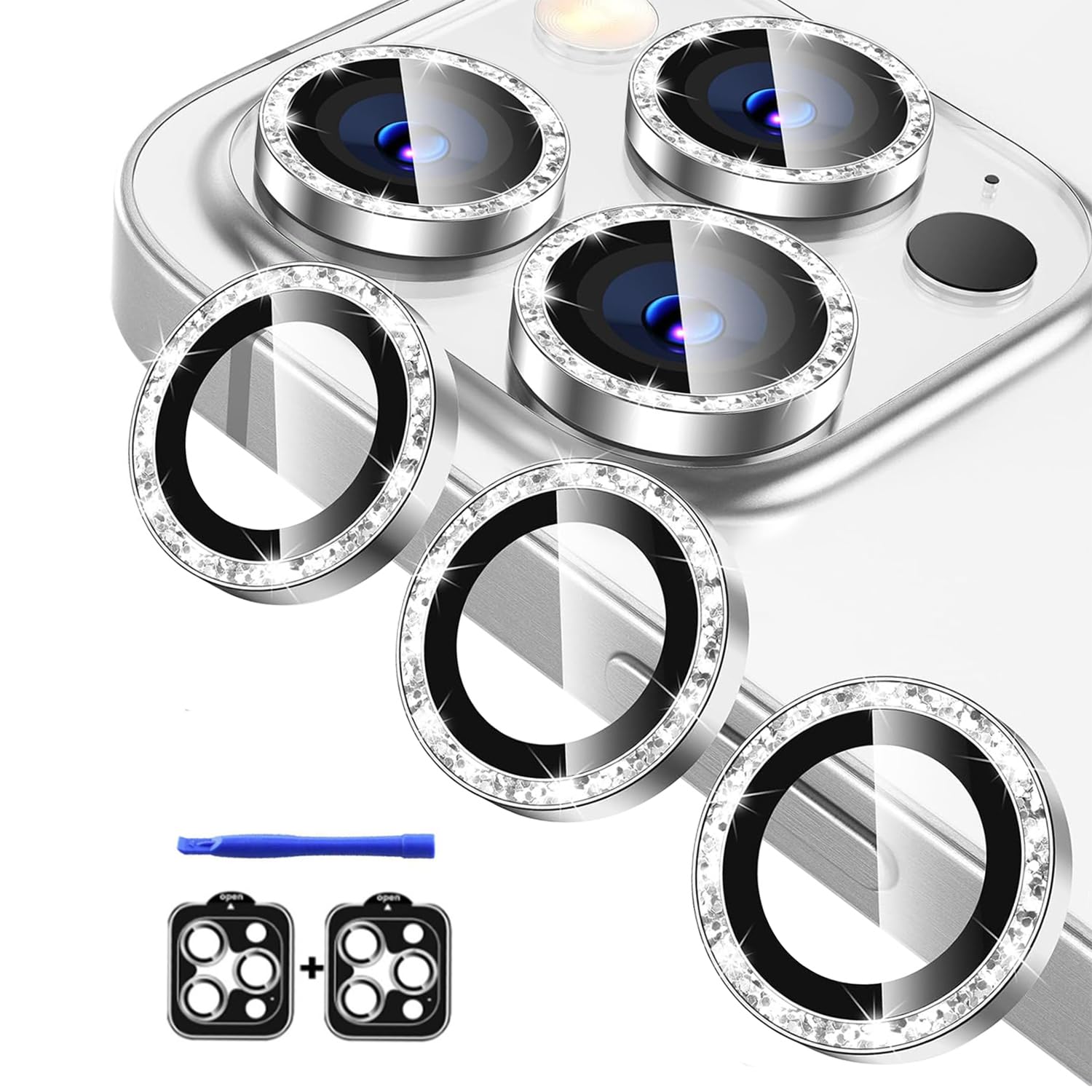KEKBOXQ 3X2 Pack Camera Lens Protector for iPhone 16 Pro Max 6.9'',iPhone 16 Pro 6.3 '' Tempered Glass Lens Screen Protector Camera Cover Metal Individual Ring for 15 Promax 5G 2024,Silver